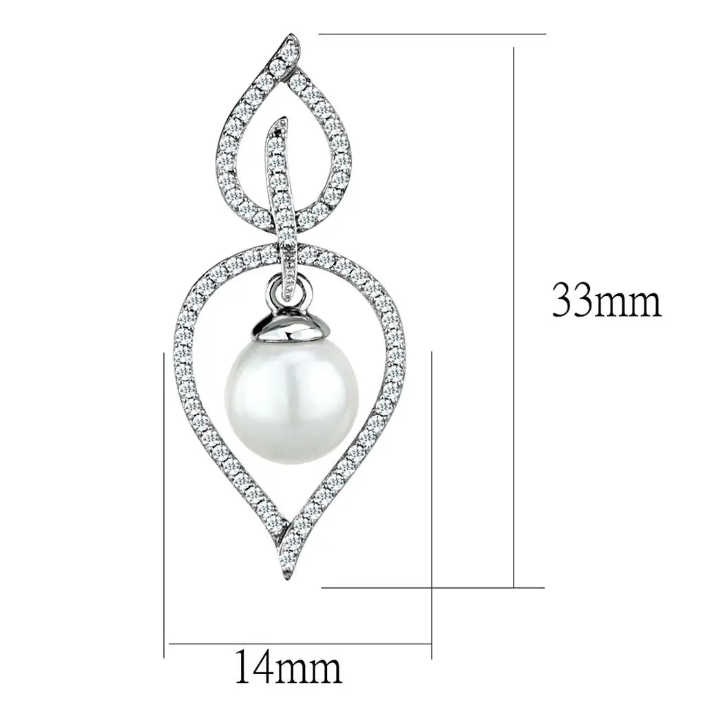 TS510 - Rhodium 925 Sterling Silver Earrings with Semi-Precious Glass Bead in White - Alamode - Flyclothing LLC