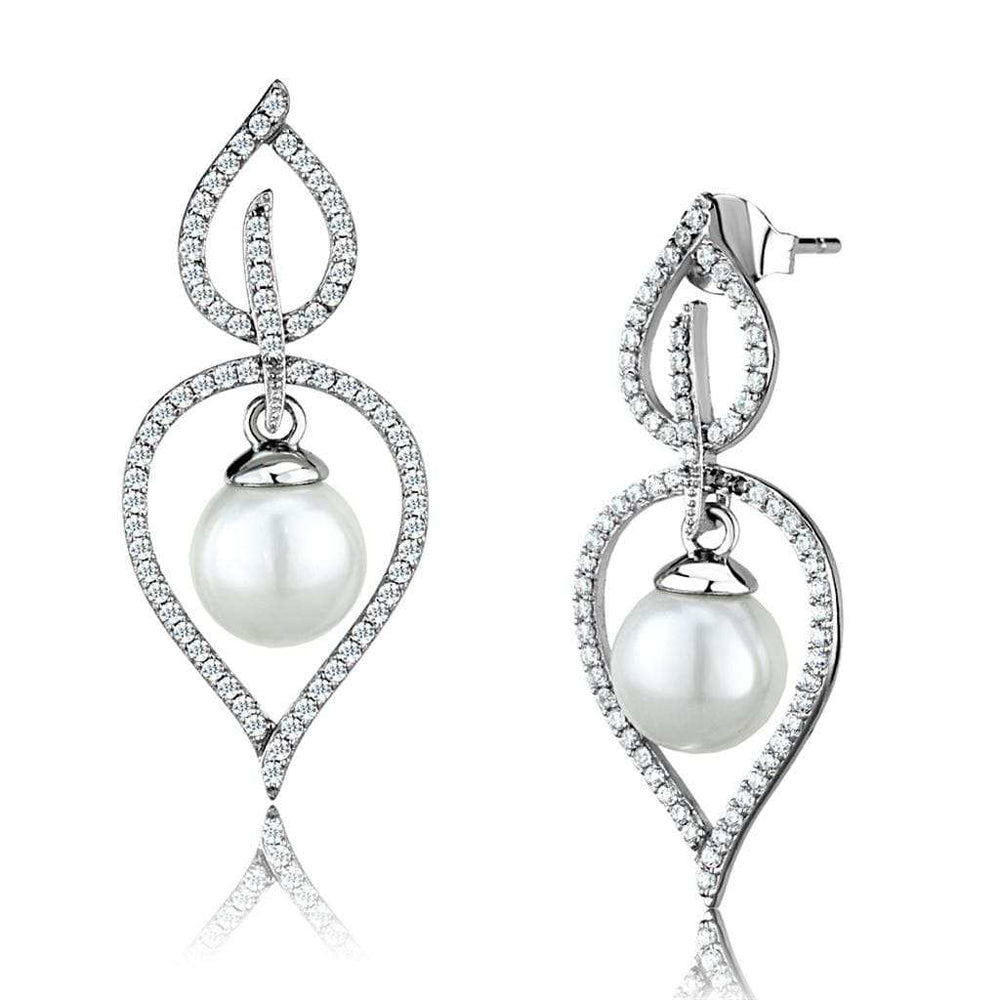 TS510 - Rhodium 925 Sterling Silver Earrings with Semi-Precious Glass Bead in White - Alamode - Flyclothing LLC
