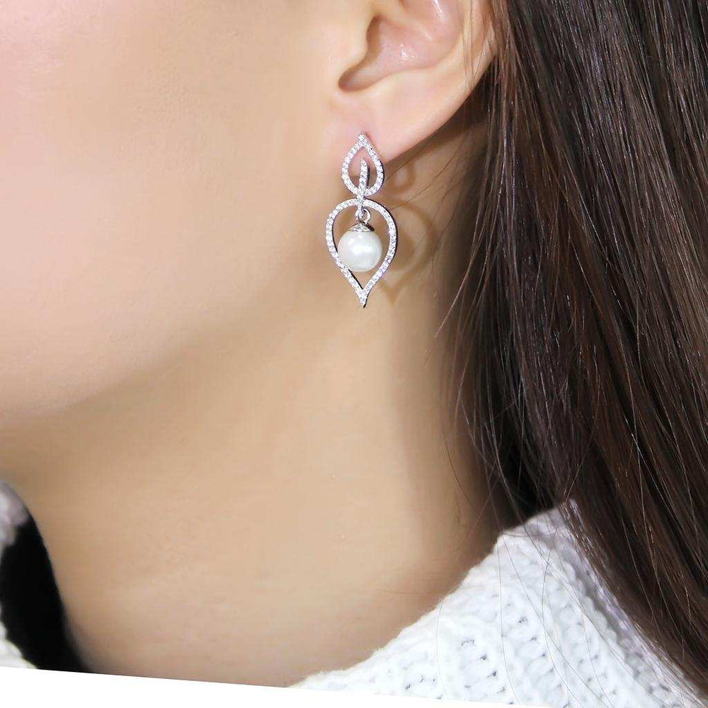 TS510 - Rhodium 925 Sterling Silver Earrings with Semi-Precious Glass Bead in White - Alamode - Flyclothing LLC