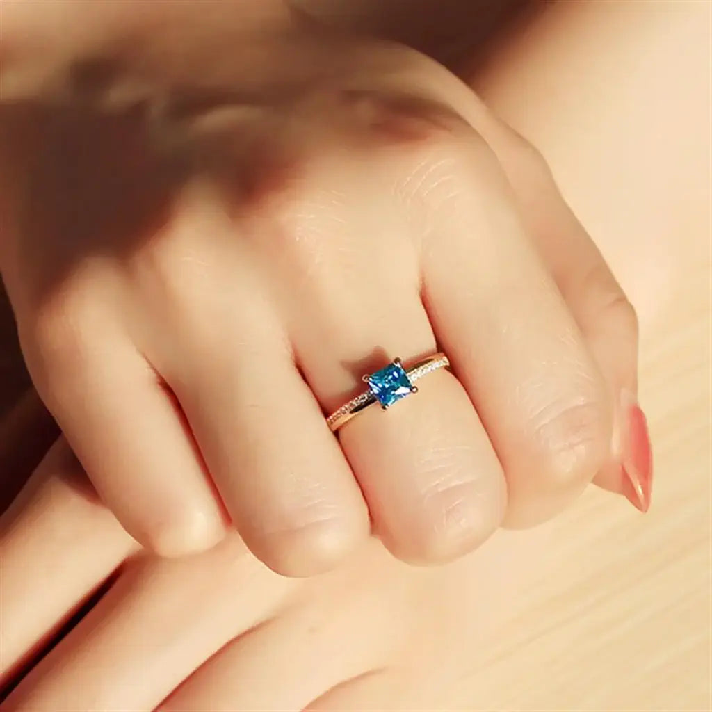 TS559 - Gold 925 Sterling Silver Ring with AAA Grade CZ in Sea Blue - Alamode - Flyclothing LLC