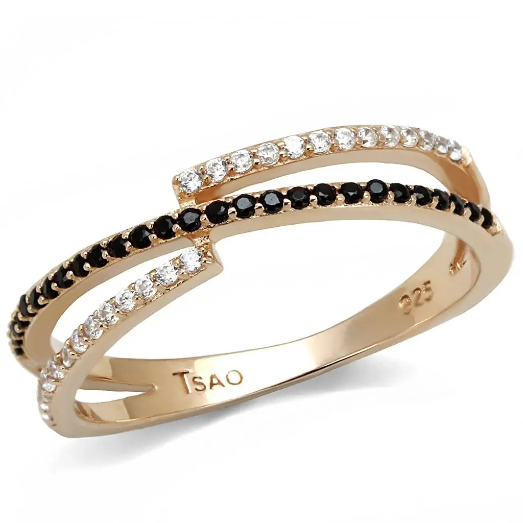 TS590 - Rose Gold 925 Sterling Silver Ring with Synthetic Spinel in Jet - Alamode - Flyclothing LLC