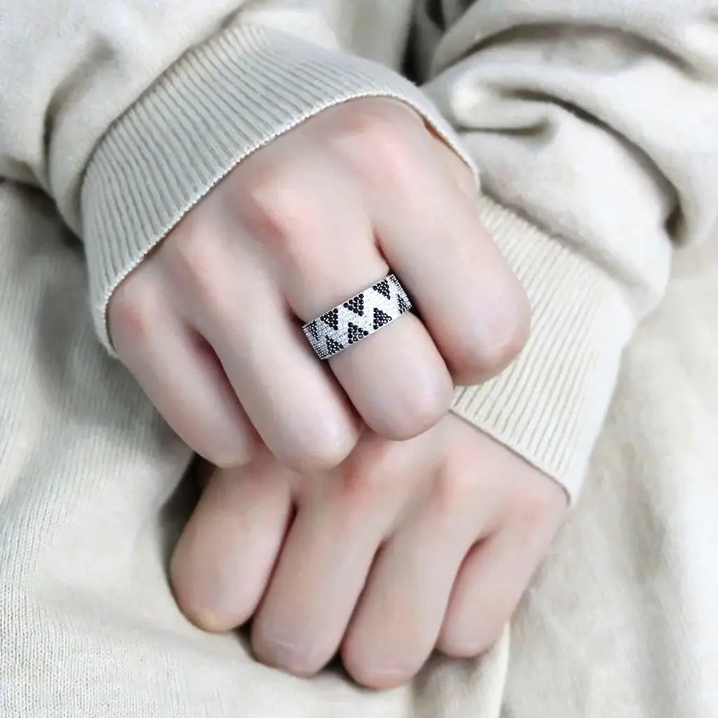 TS613 - Rhodium 925 Sterling Silver Ring with AAA Grade CZ in Jet - Alamode - Flyclothing LLC