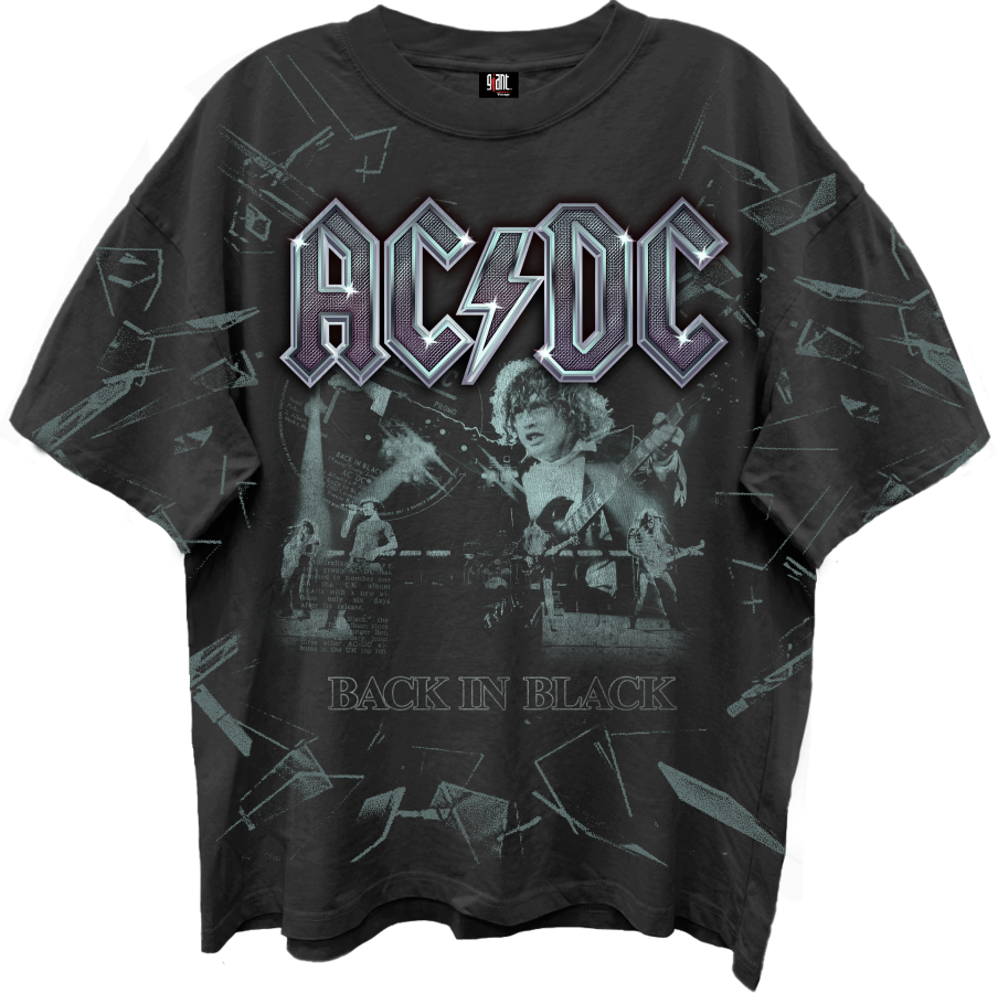 AC/DC BACK IN BLACK SHATTERED GLASS ALL OVER PRINT VINTAGE BLACK T-SHIRT/GIANT VINTAGE