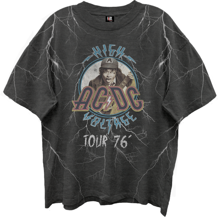 AC/DC HIGH VOLTAGE 76 TOUR FRT/BACK ALL OVER PRINT VINTAGE BLACK T-SHIRT/GIANT VINTAGE