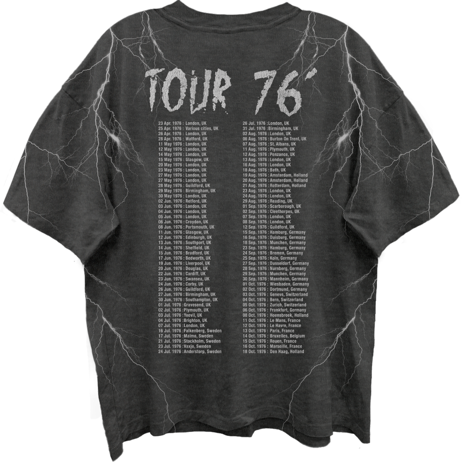 AC/DC HIGH VOLTAGE 76 TOUR FRT/BACK ALL OVER PRINT VINTAGE BLACK T-SHIRT/GIANT VINTAGE