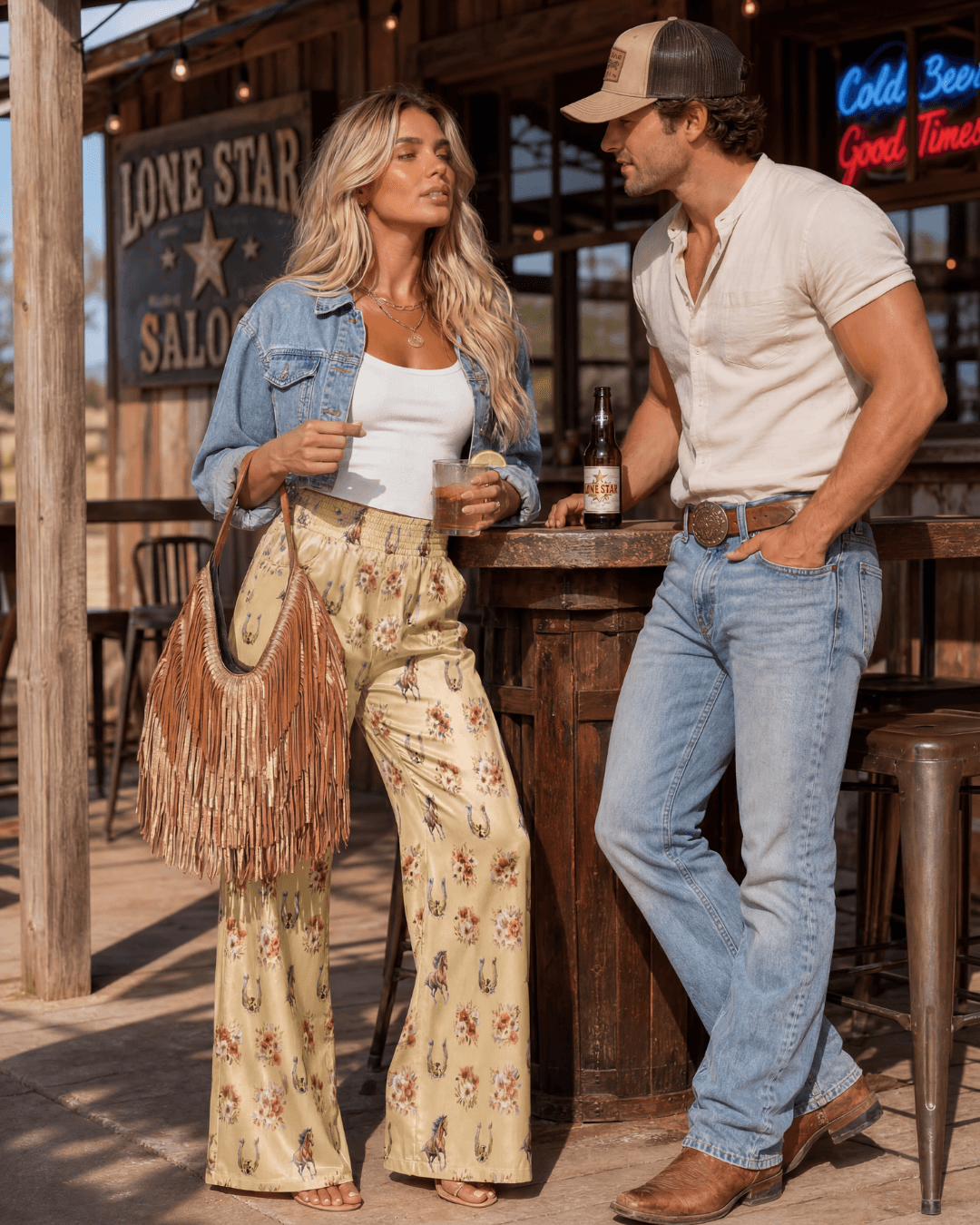 Baha Ranch Country Girl Floral Horse High Waisted Wide Leg Pants