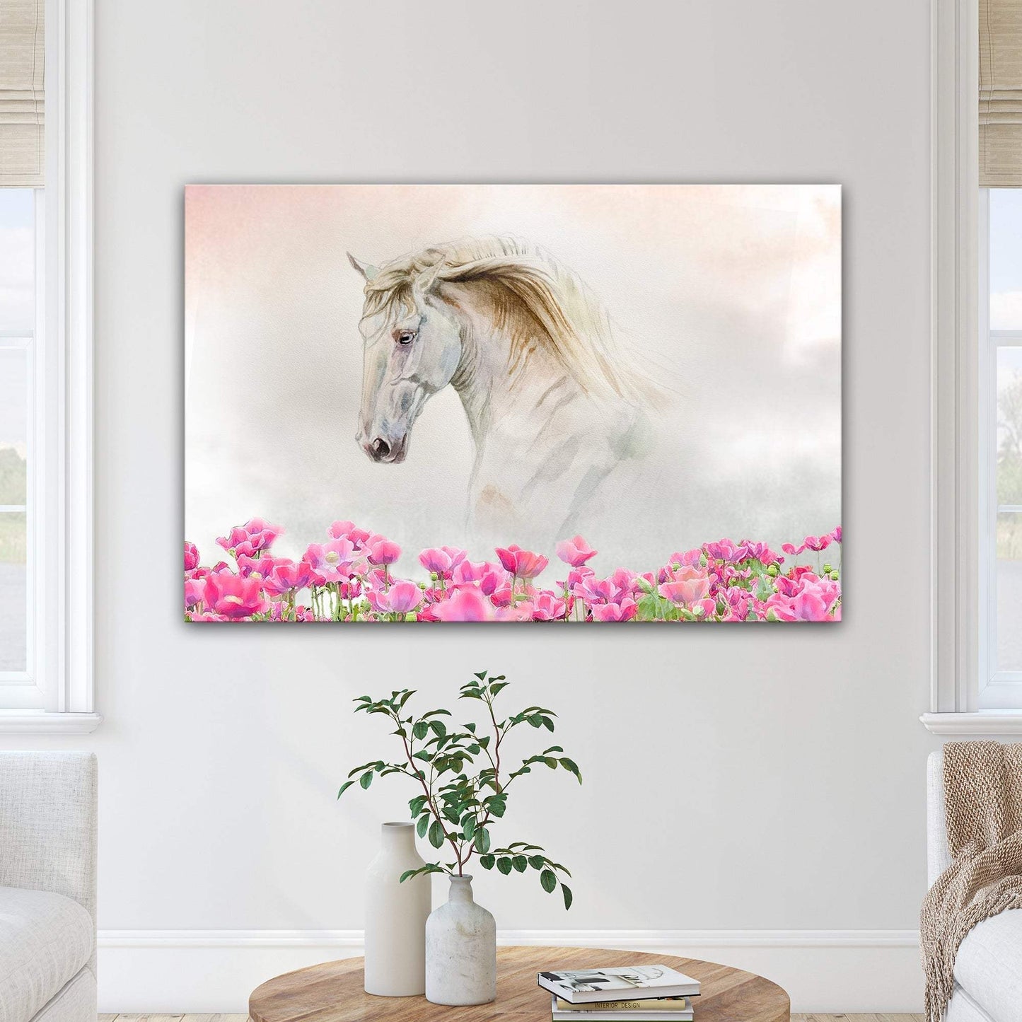 Floral White Horse Canvas Wall Art - Tailored Canvases - Flyclothing LLC
