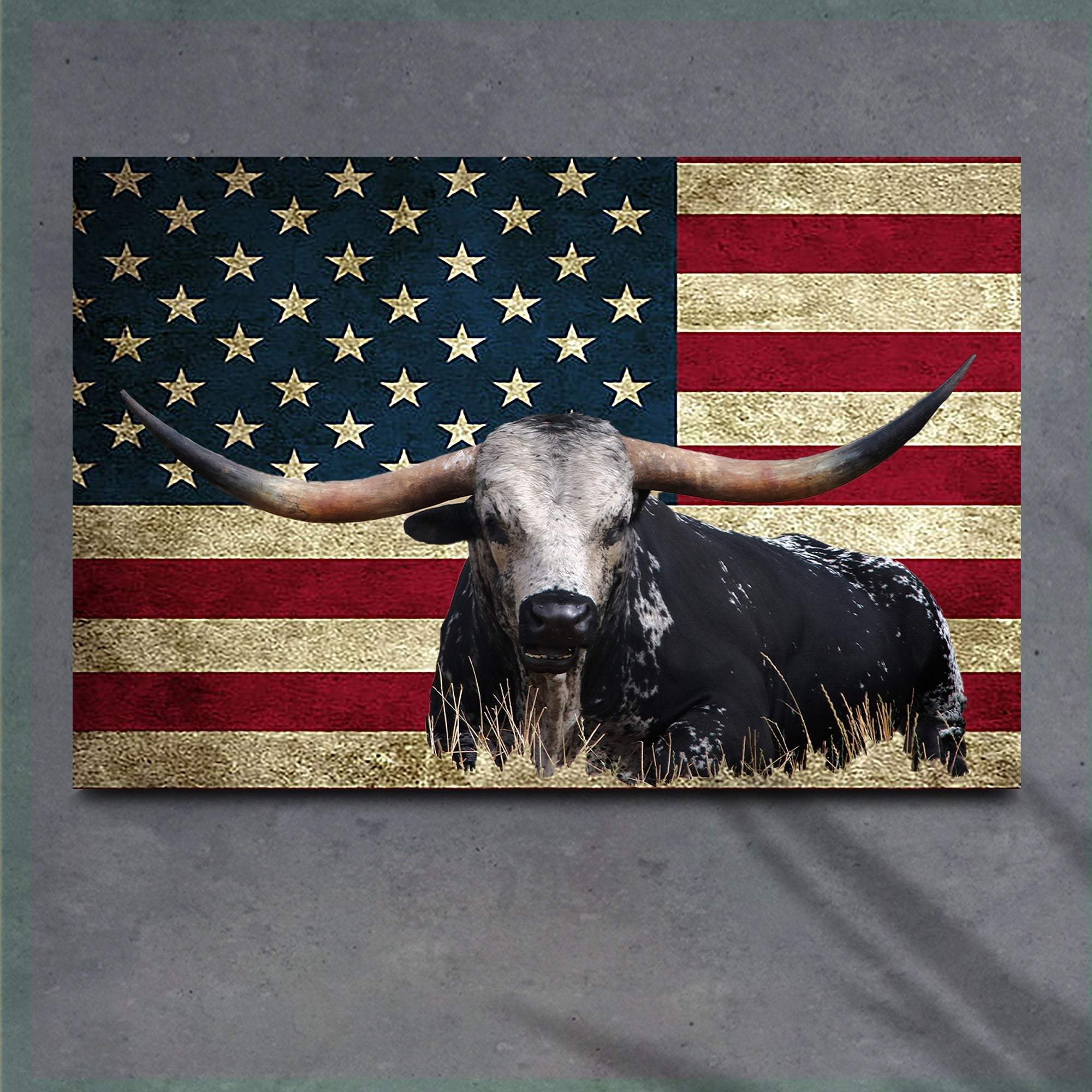Longhorn Cattle American Flag Canvas Wall Art - Tailored Canvases - Flyclothing LLC