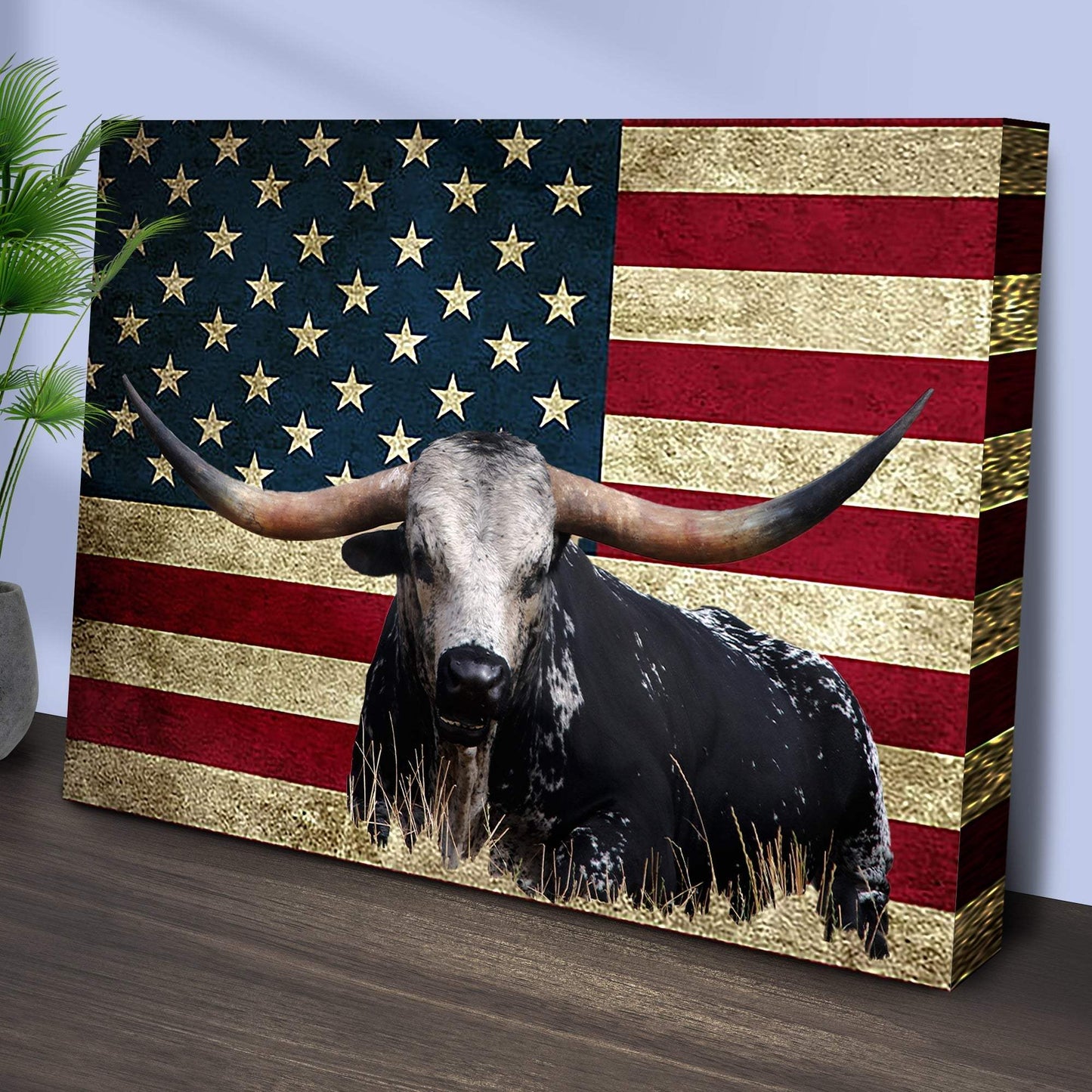 Longhorn Cattle American Flag Canvas Wall Art - Tailored Canvases - Flyclothing LLC