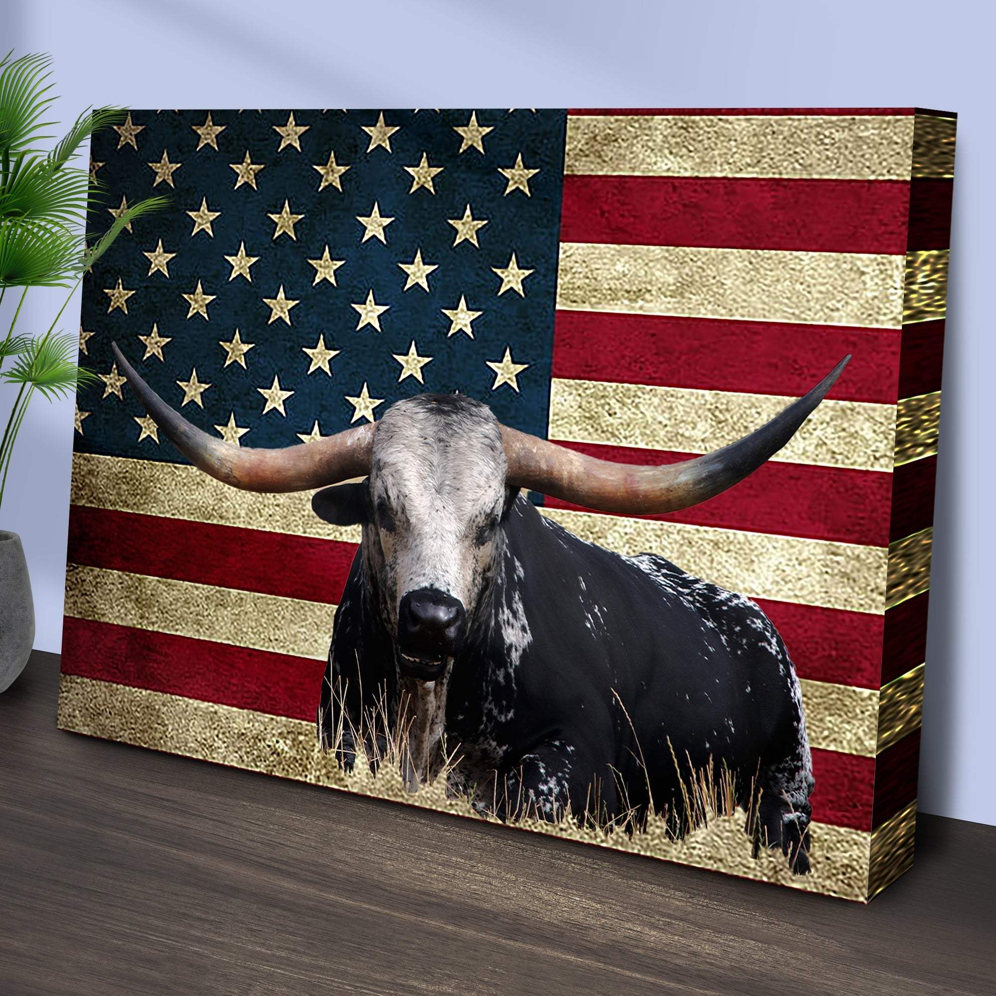 Longhorn Cattle American Flag Canvas Wall Art - Tailored Canvases - Flyclothing LLC