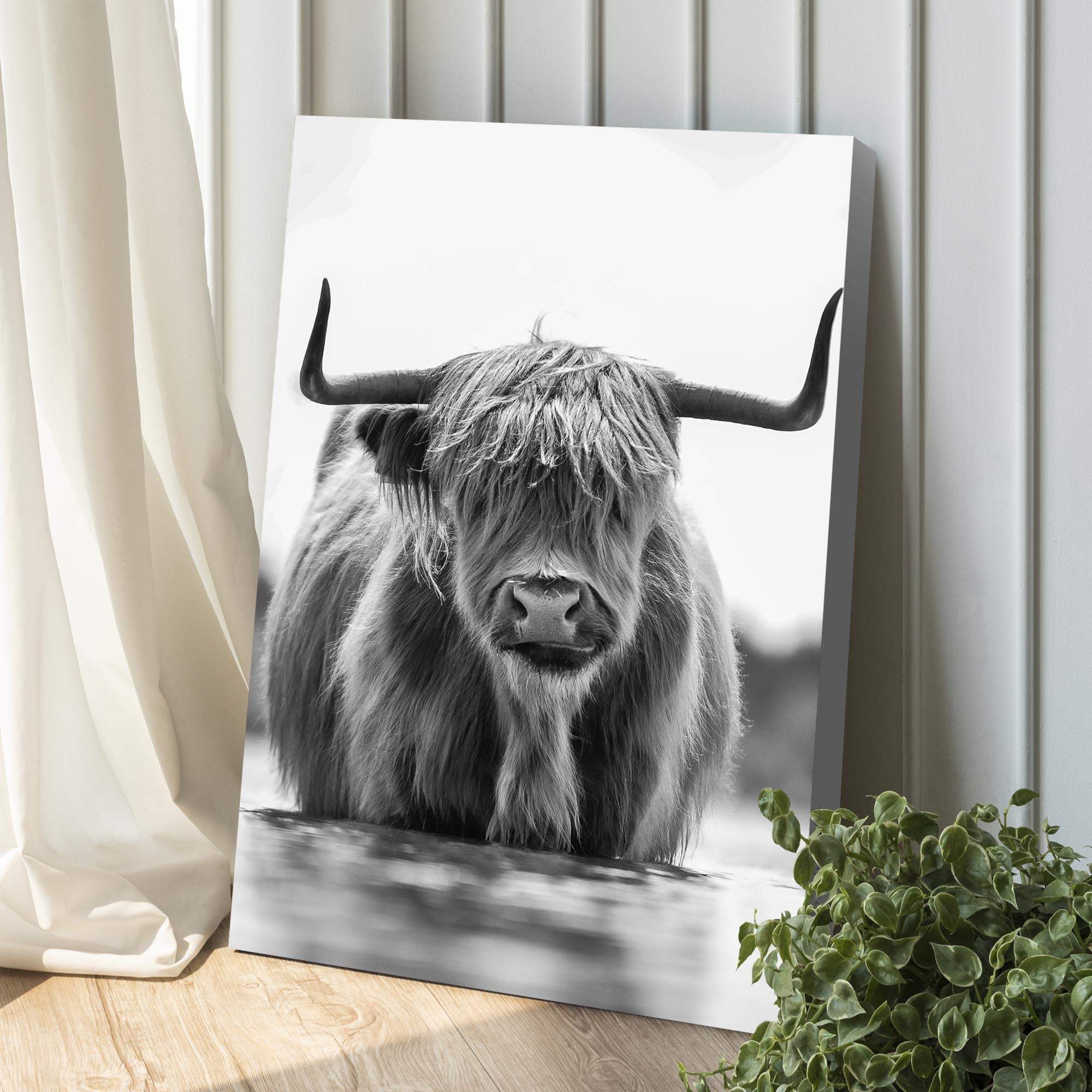 Grayscale Highland Cow Portrait Canvas Wall Art - Tailored Canvases - Flyclothing LLC