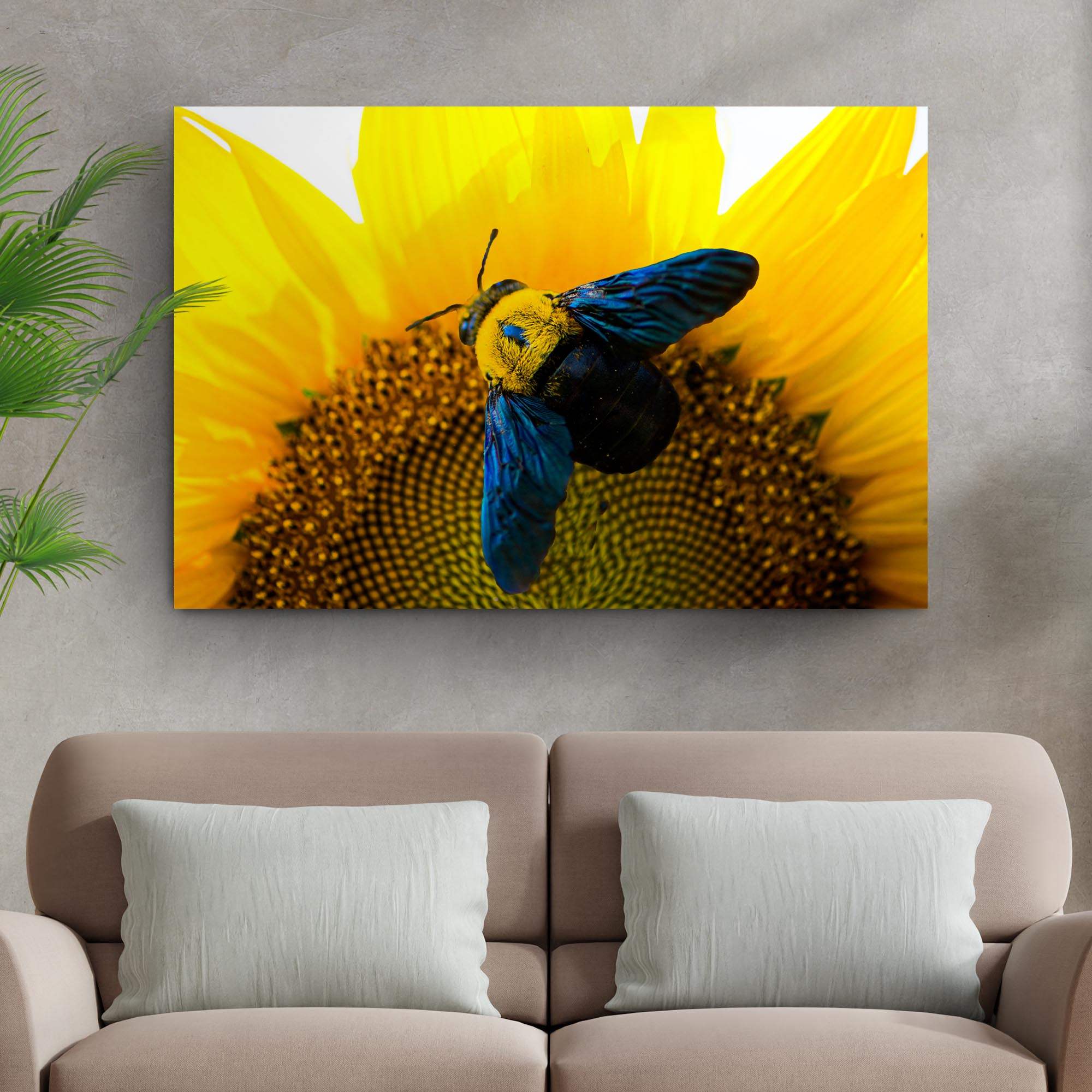 Bee Hoverfly Above A Sunflower Canvas Wall Art - Tailored Canvases - Flyclothing LLC