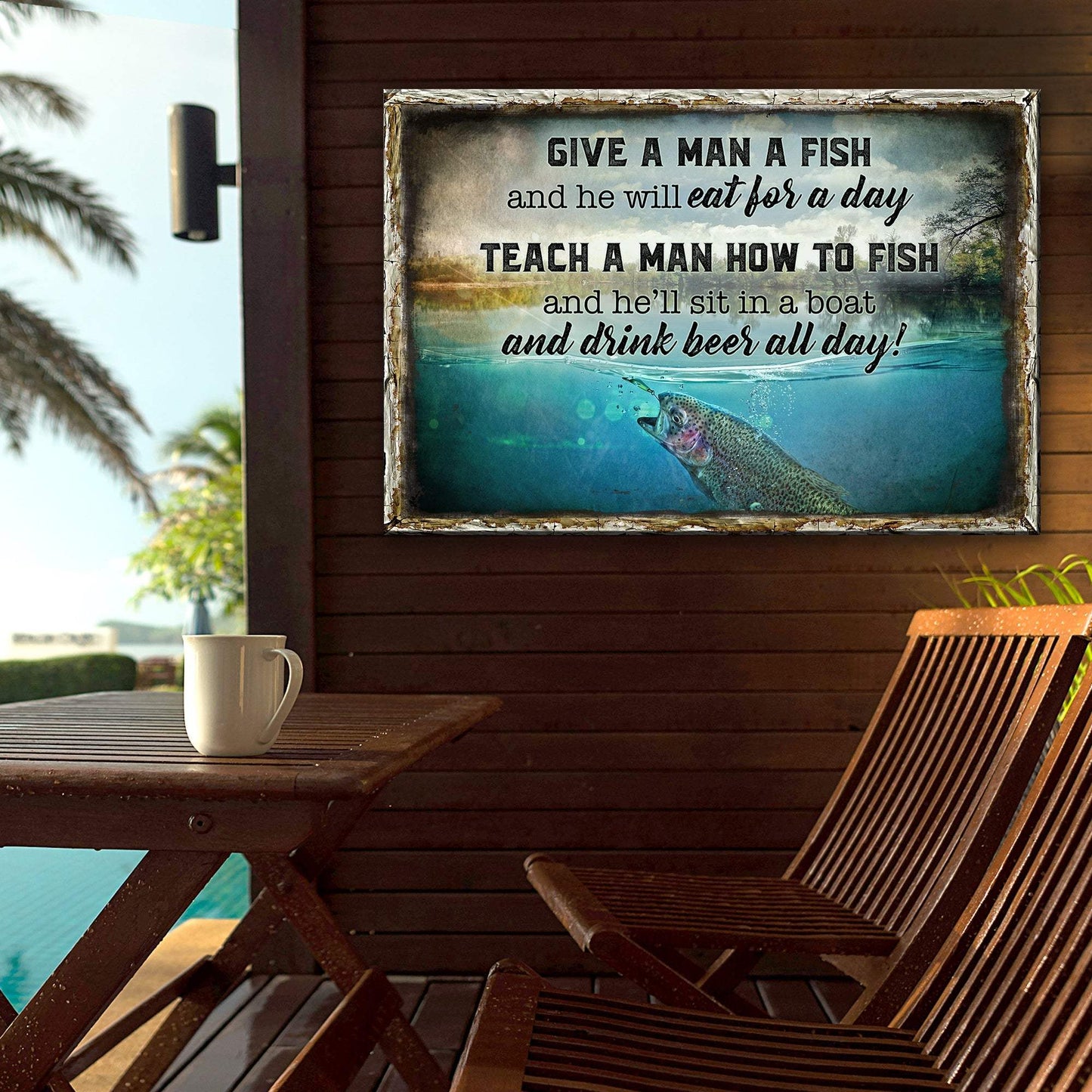 Teach A Man How To Fish And He'll Sit In A Boat And Drink Beer All Day Sign - Tailored Canvases - Flyclothing LLC