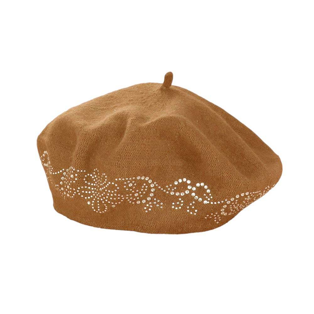 Flower Bling Studded Beret Hat - Madeline Love - Flyclothing LLC