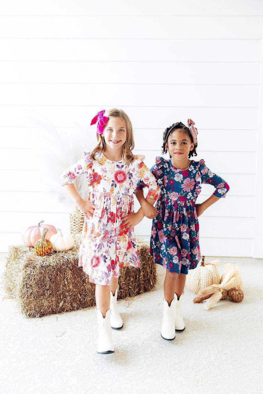 Tangerine Leaves 3/4 Sleeve Ruffle Twirl Dress - Mila & Rose ® - Flyclothing LLC