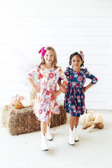 Tangerine Leaves 3/4 Sleeve Ruffle Twirl Dress - Mila & Rose ® - Flyclothing LLC