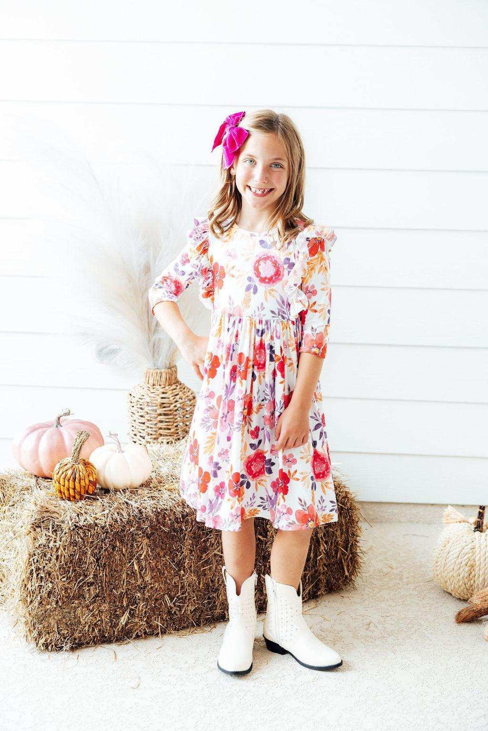 Tangerine Leaves 3/4 Sleeve Ruffle Twirl Dress - Mila & Rose ® - Flyclothing LLC