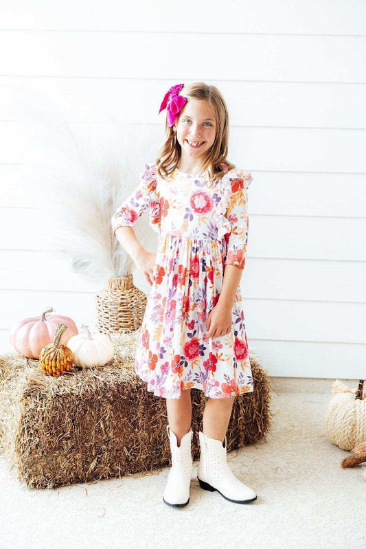 Tangerine Leaves 3/4 Sleeve Ruffle Twirl Dress - Mila & Rose ® - Flyclothing LLC