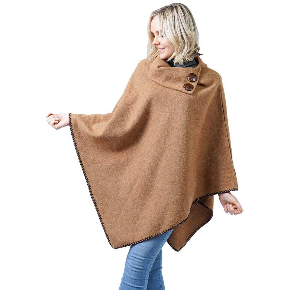 Button Deco Collar Poncho Ruana Wrap - Madeline Love - Flyclothing LLC