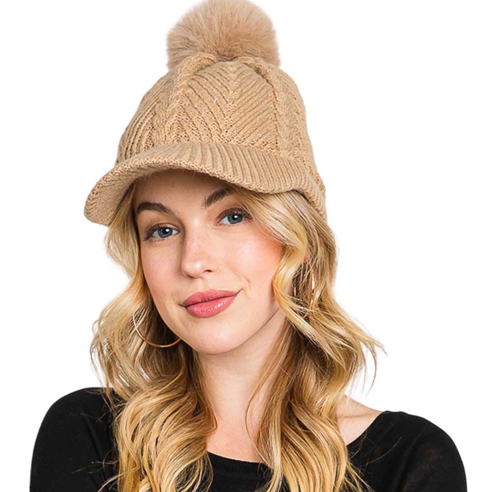 Chevron Patterned Faux Fur Pom Pom Knit Cap - Madeline Love - Flyclothing LLC