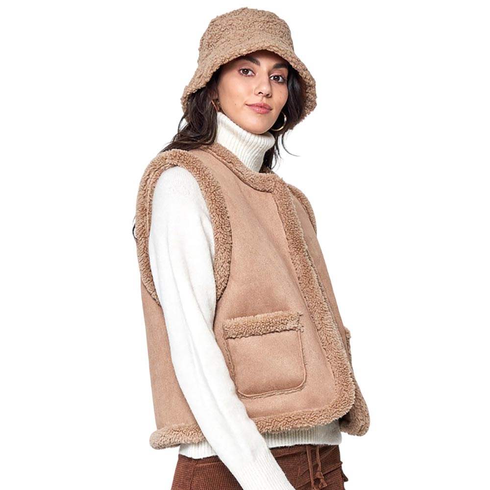 Faux Suede Sherpa Vest with Front Pockets - Madeline Love - Flyclothing LLC