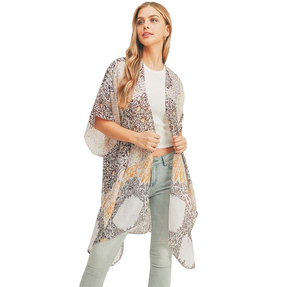 Floral Leaf Patterned Cover Up Kimono Poncho - Madeline Love - Flyclothing LLC