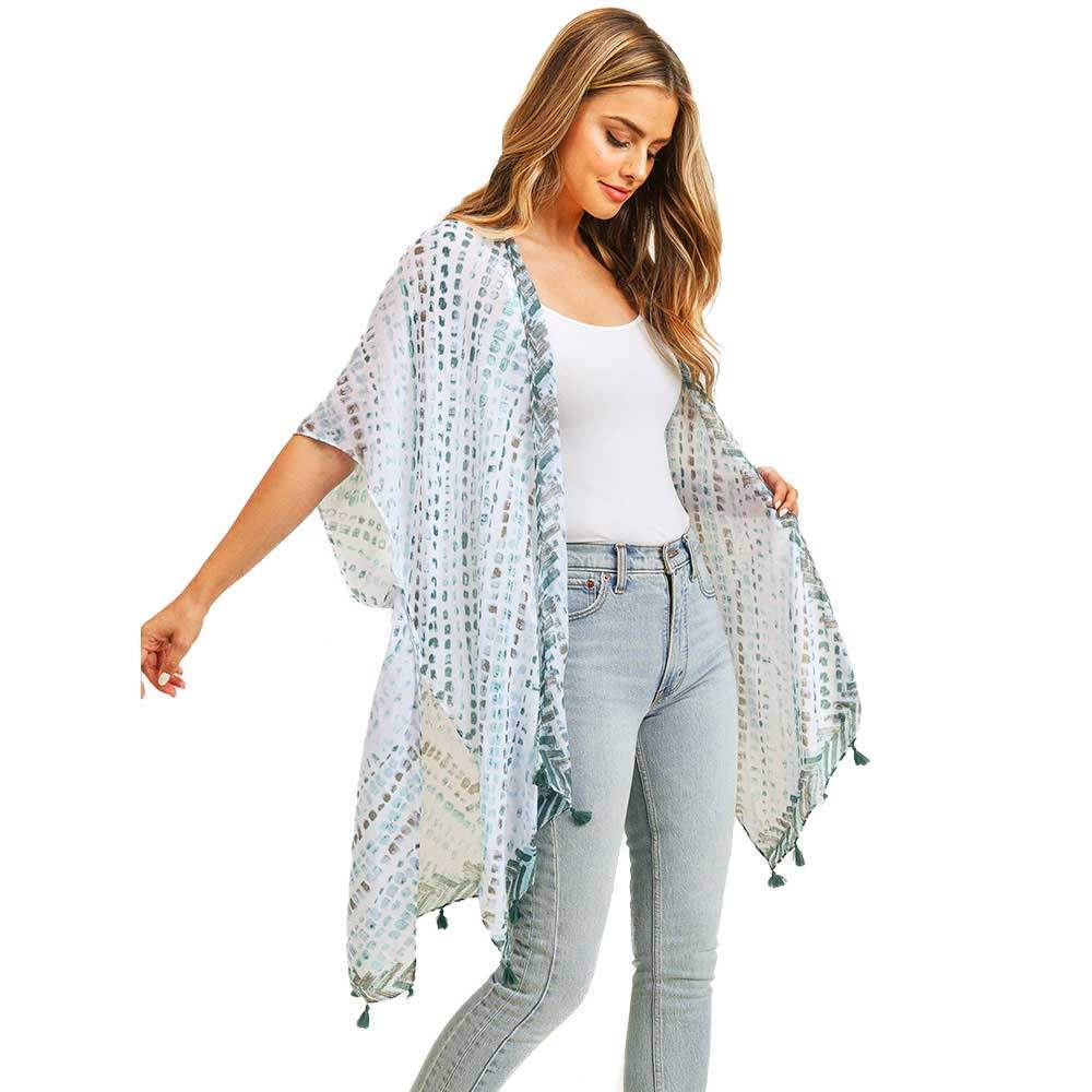 Multi Dash Pattern Tassel Cover Up Kimono Poncho - Madeline Love - Flyclothing LLC