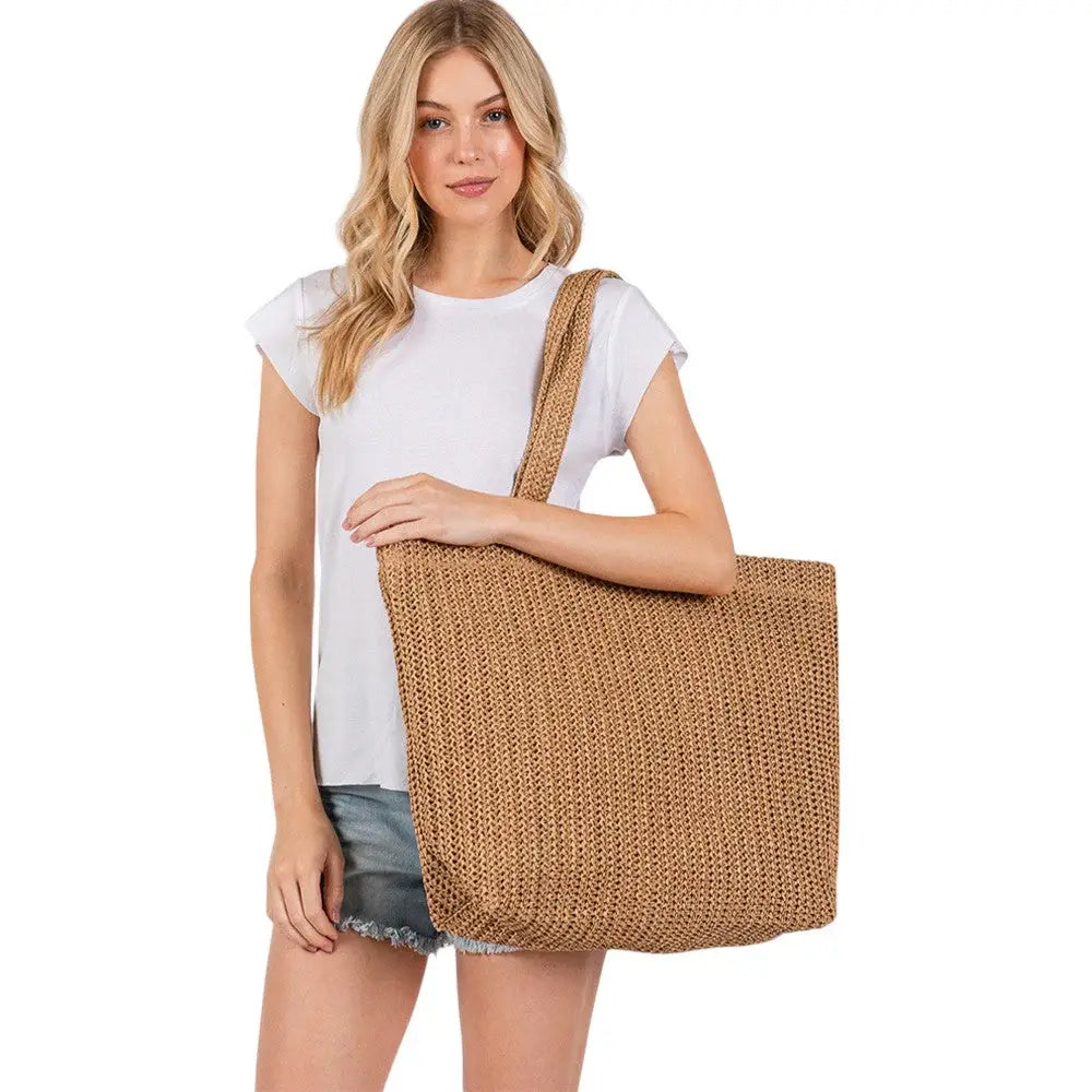 Solid Crochet Straw Tote Bag / Beach Bag - Madeline Love - Flyclothing LLC
