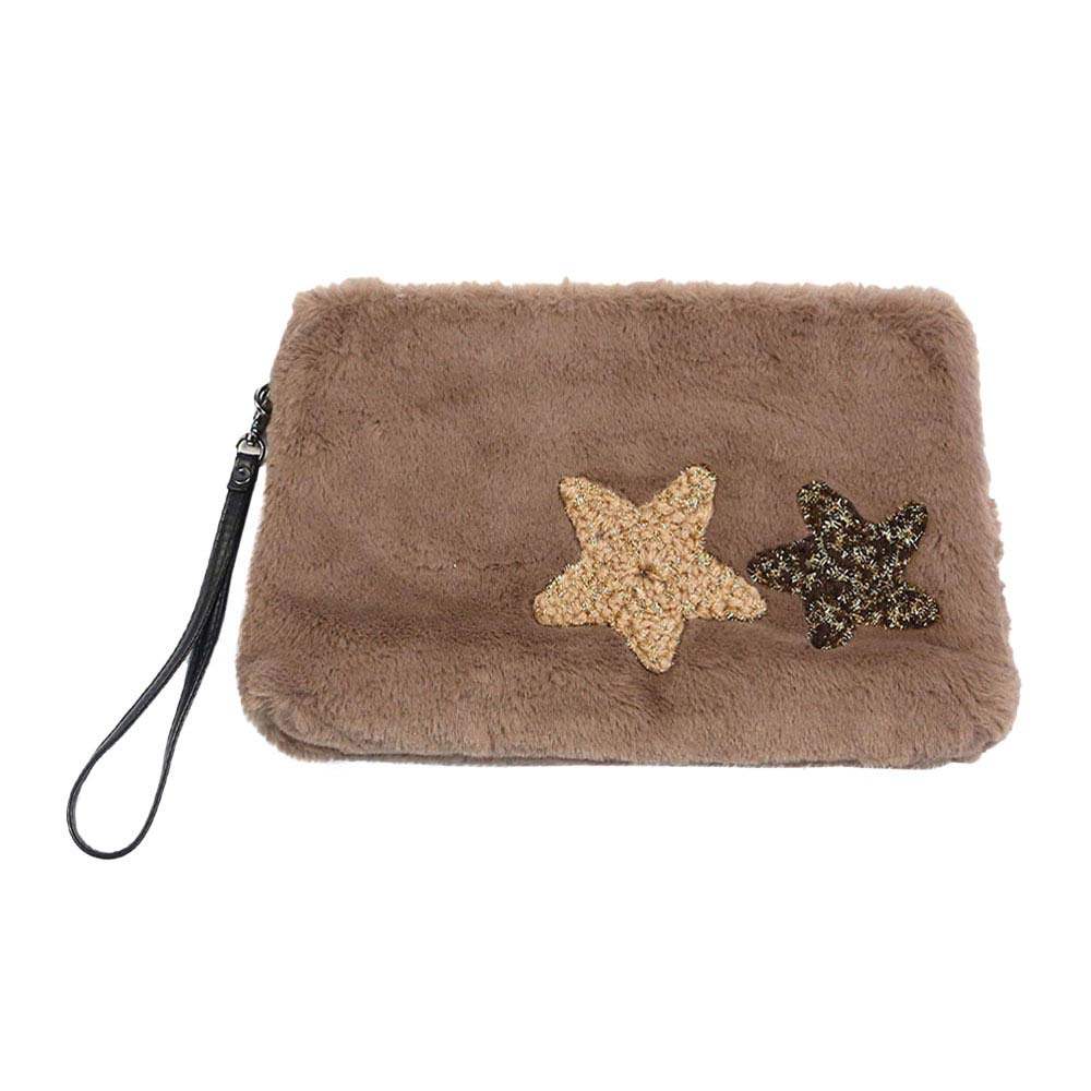 Star Patches Fuzzy Faux Fur Wristlet Clutch Bag - Madeline Love - Flyclothing LLC