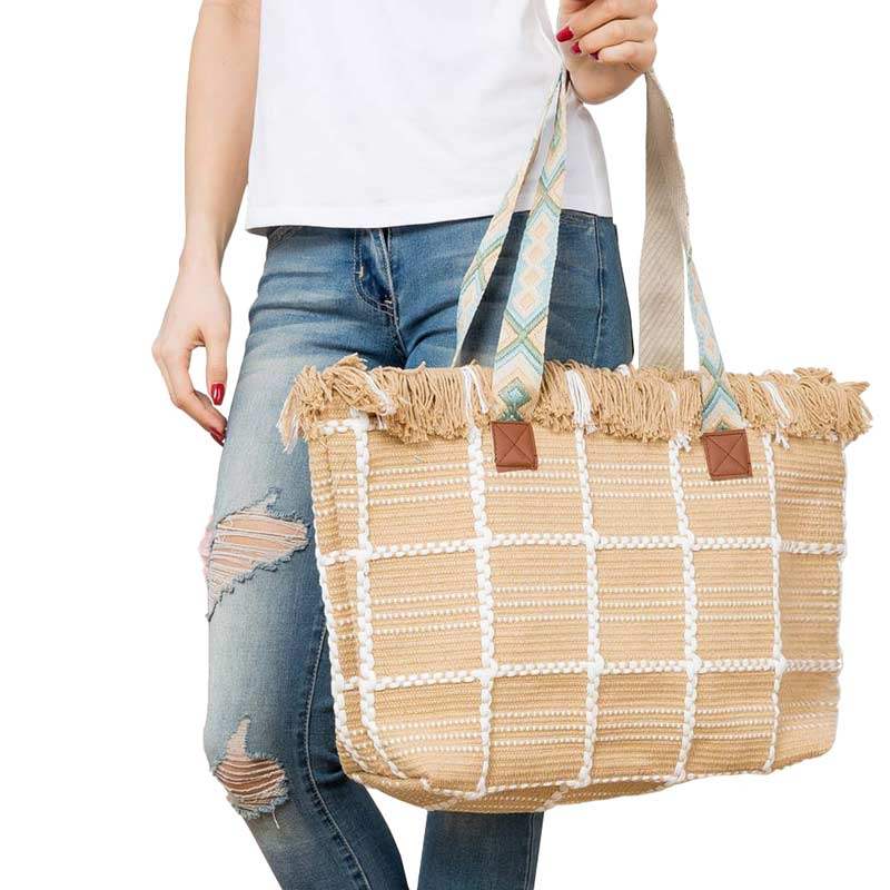 Top Fringe Pointed Check Patterned Tote Bag - Madeline Love - Flyclothing LLC