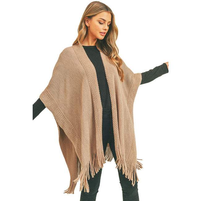 Trim Detail Fringe Kimono Poncho Wrap - Madeline Love - Flyclothing LLC