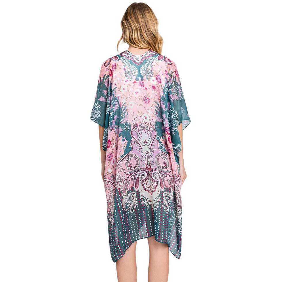 Abstract Paisley Flower Print Kimono Poncho - Madeline Love - Flyclothing LLC