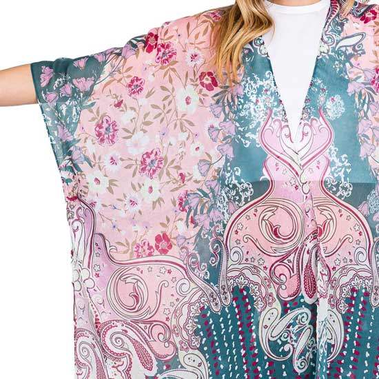 Abstract Paisley Flower Print Kimono Poncho - Madeline Love - Flyclothing LLC