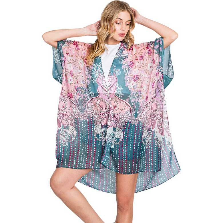 Abstract Paisley Flower Print Kimono Poncho - Madeline Love - Flyclothing LLC