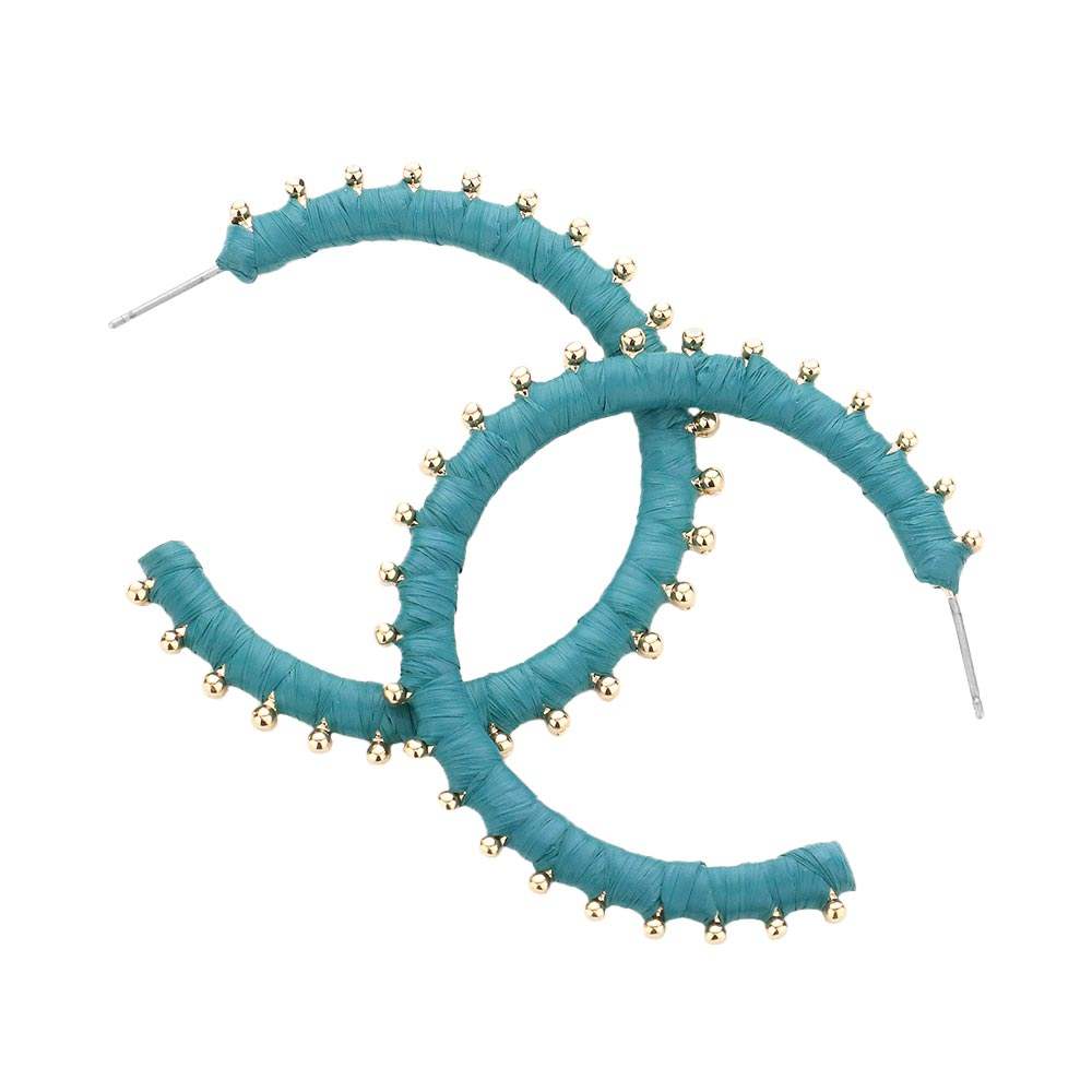 Metal Ball Trimmed Raffia Wrapped Hoop Earrings - Madeline Love - Flyclothing LLC