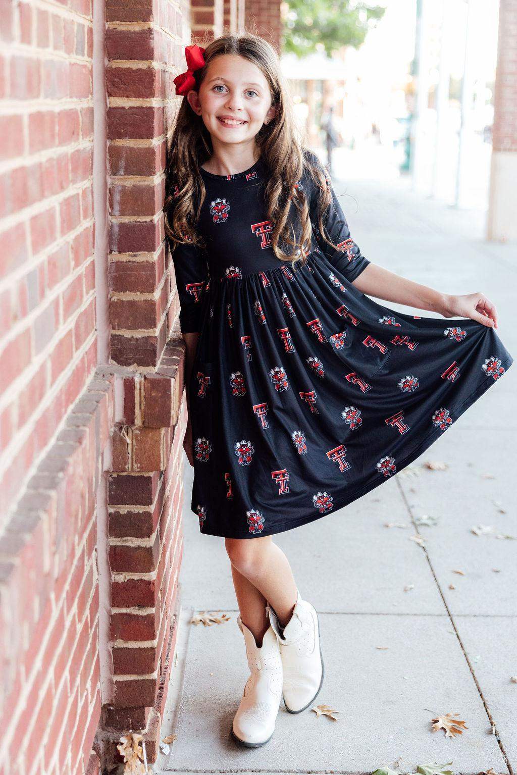 Texas Tech Black Raider Red 3/4 Sleeve Pocket Twirl Dress - Mila & Rose ® - Flyclothing LLC