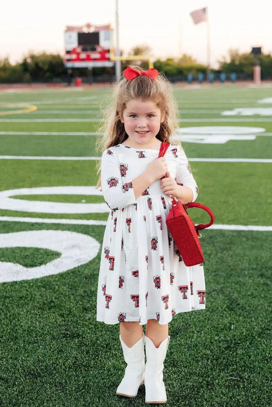 Texas Tech White Raider Red 3/4 Sleeve Pocket Twirl Dress - Mila & Rose ® - Flyclothing LLC