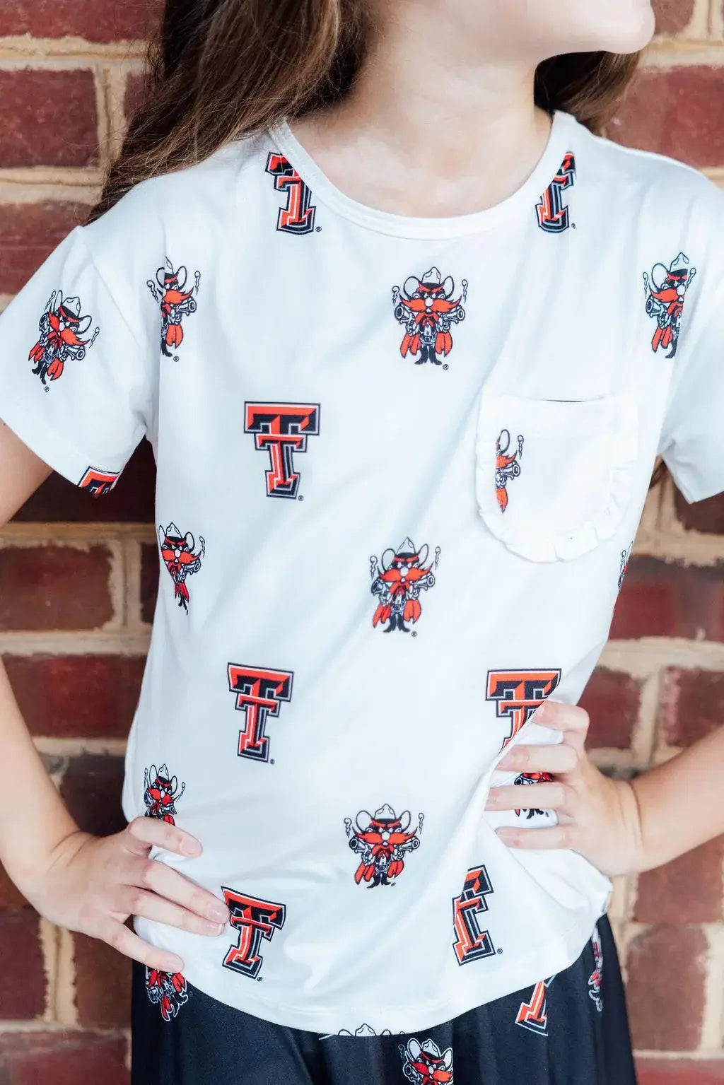 Texas Tech White Raider Red Ruffle Pocket Tee - Mila & Rose ® - Flyclothing LLC