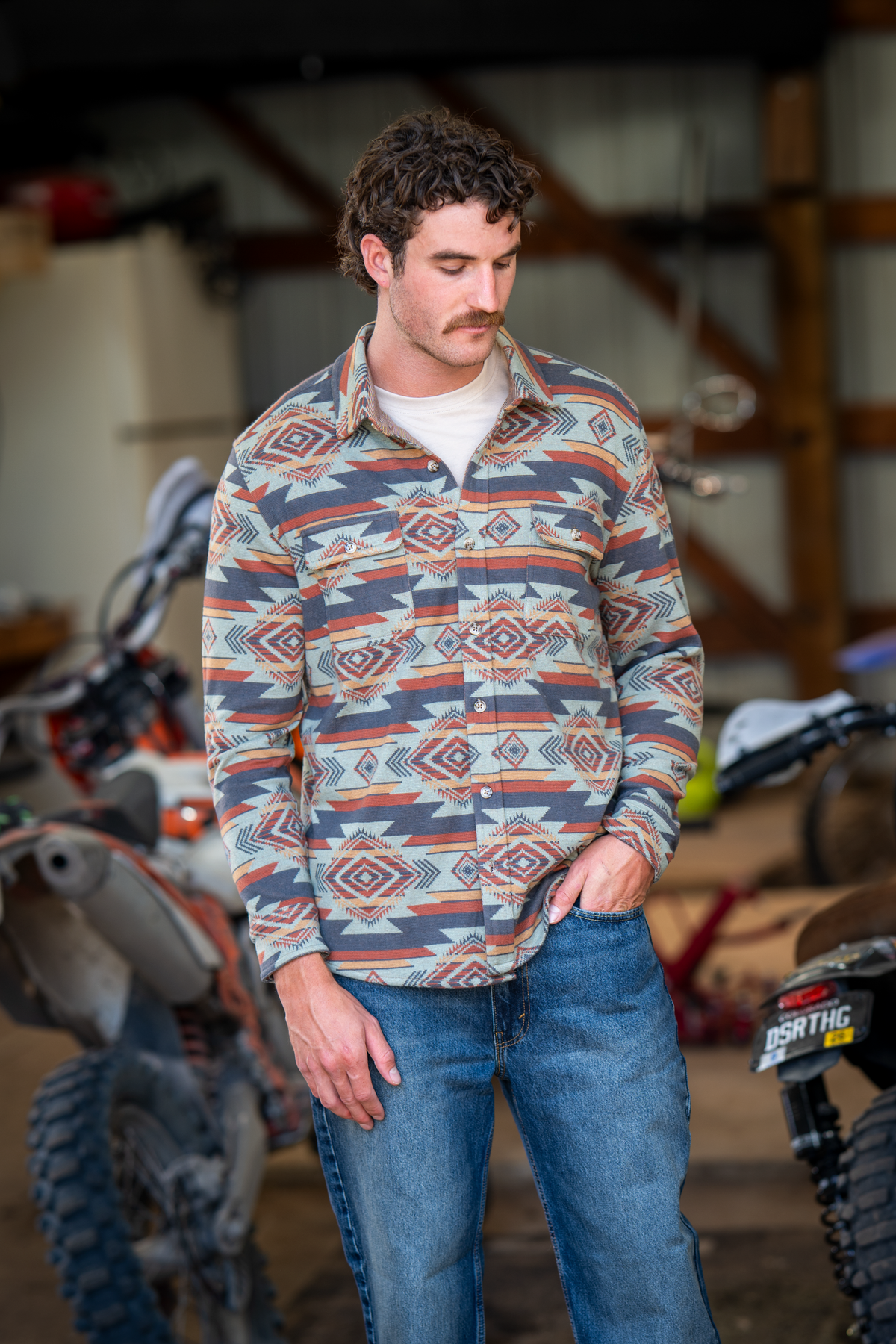 The High Desert | Blue and Orange Aztec Chinchilla Soft™ Long Sleeve Stretch Button Up Shirt - Shinesty - Flyclothing LLC