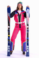 The Gnar Shredder | Coral And Black RetroWomen's One Piece Ski Suit - Shinesty