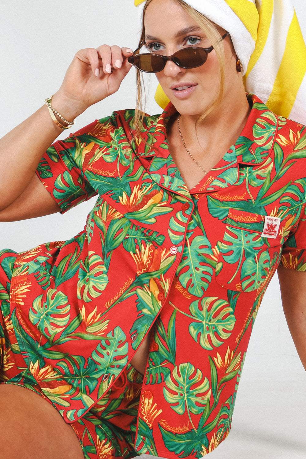The Wiener In Paradise | Shinesty X Wienerschnitzel Tropical Button Down Short Pajama Set - Shinesty - Flyclothing LLC