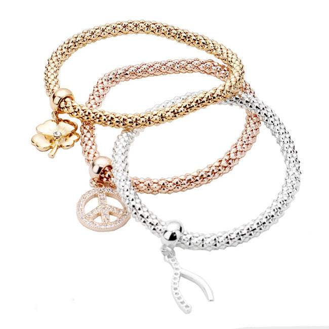3PCS Clover Peace Wishbone Charm Stretch Bracelets - Madeline Love - Flyclothing LLC