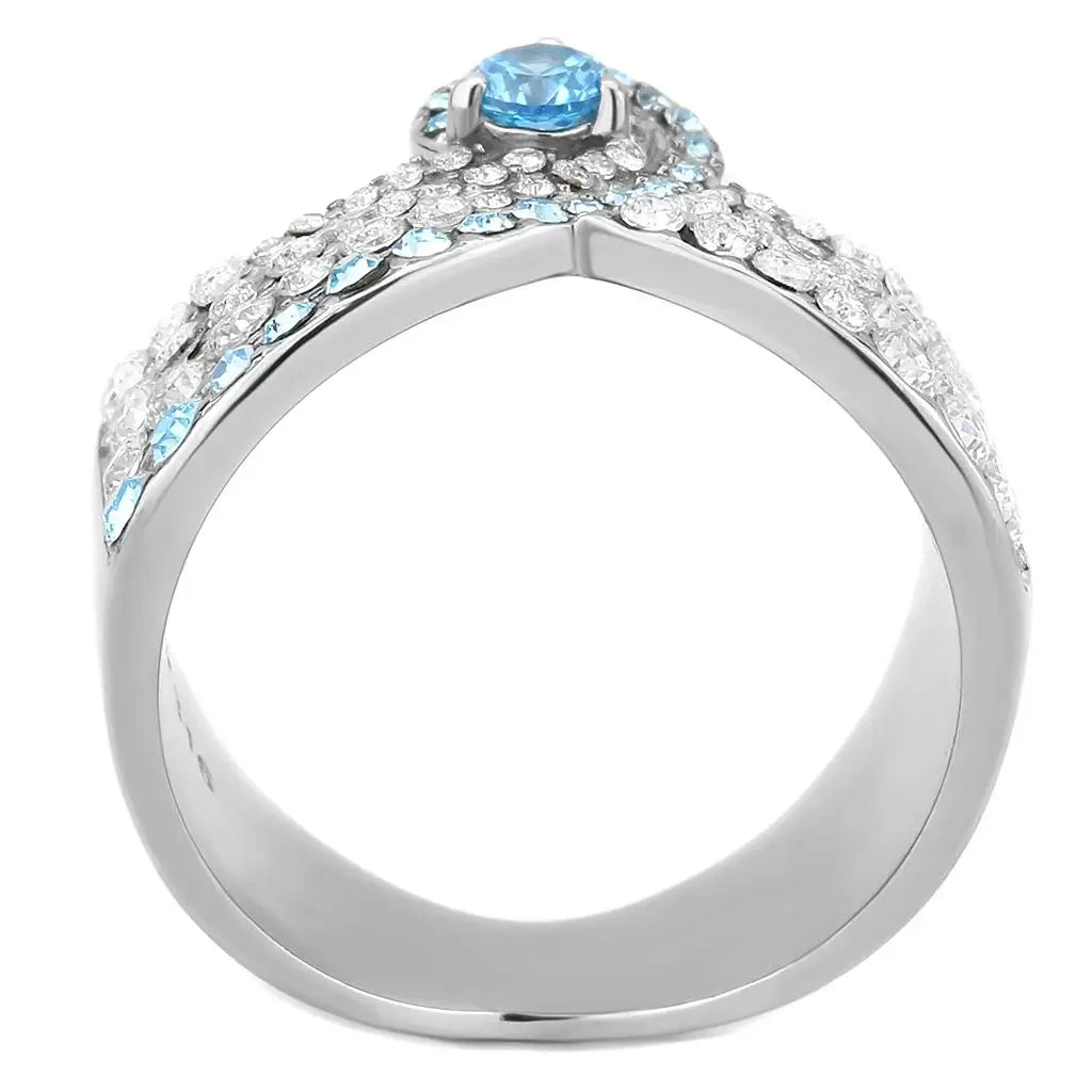 TK3572 - No Plating Stainless Steel Ring with AAA Grade CZ in Sea Blue - Alamode - Flyclothing LLC