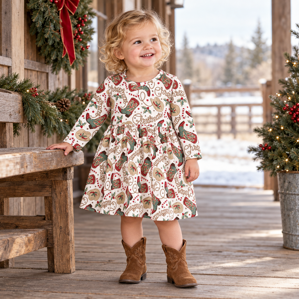 Western Christmas Girls Dress – Soft Bamboo Holiday Style - Tesa Babe - Flyclothing LLC
