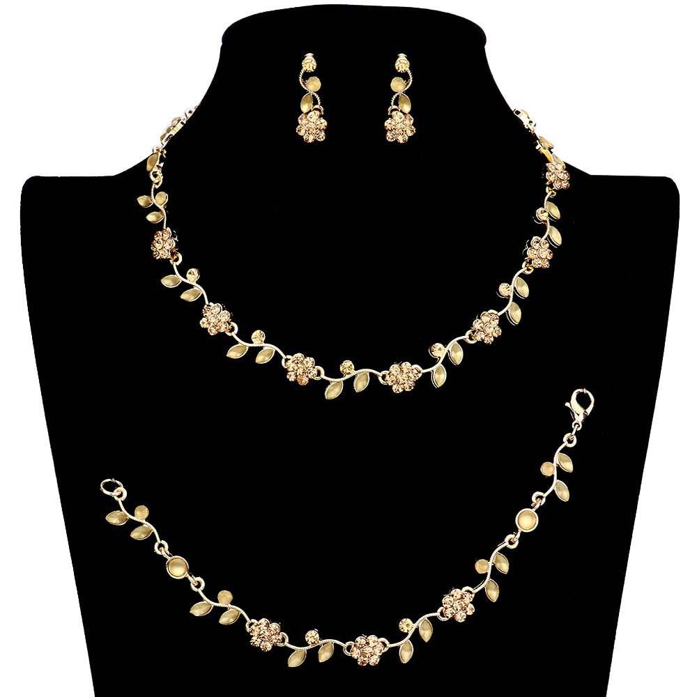 3PCS Flower Leaf Cluster Rhinestone Necklace Jewelry Set - Madeline Love - Flyclothing LLC