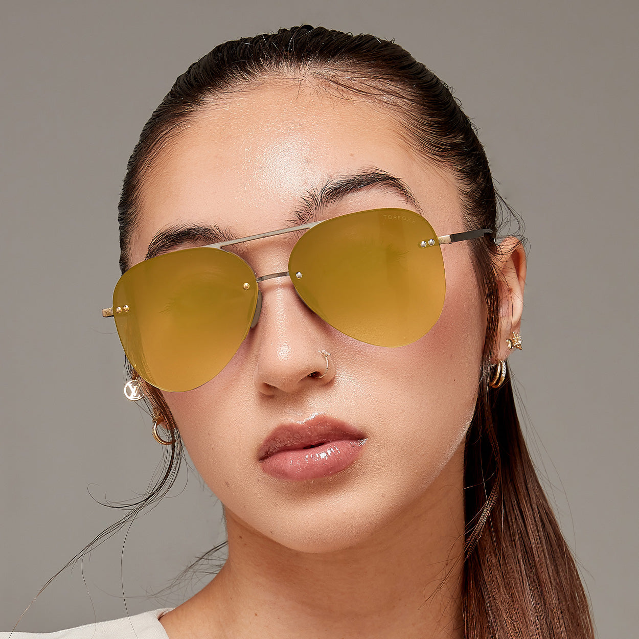Smaller Megan 2 Mirrored Bronze - Tangle Free Aviator Sunglasses - TopFoxx - Flyclothing LLC