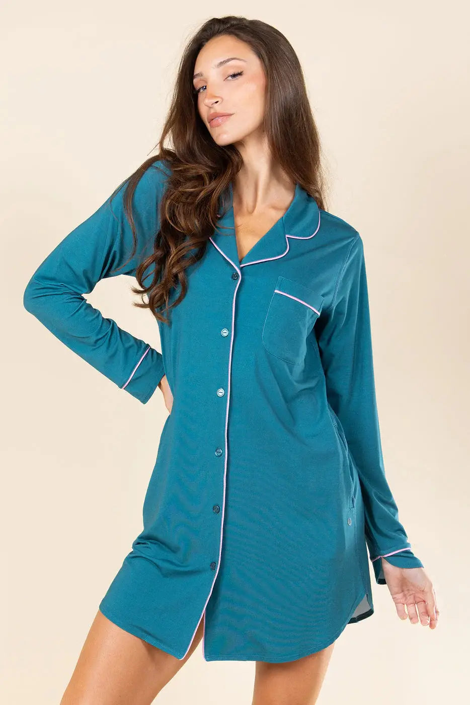 The Tranquility | Teal SleepDeep™ Long Sleeve Pajama Dress - Shinesty - Flyclothing LLC