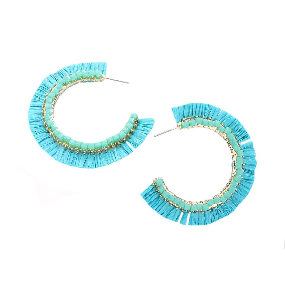 Cube Bead Embellished Raffia Hoop Earrings - Madeline Love - Flyclothing LLC