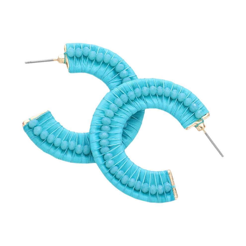 Faceted Bead Embellished Raffia Wrapped Hoop Earrings - Madeline Love - Flyclothing LLC