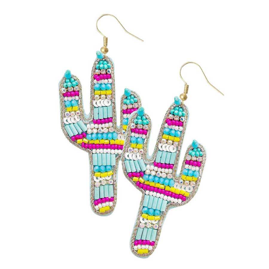 Felt Back Multi Beaded Cactus Dangle Earrings - Madeline Love - Flyclothing LLC